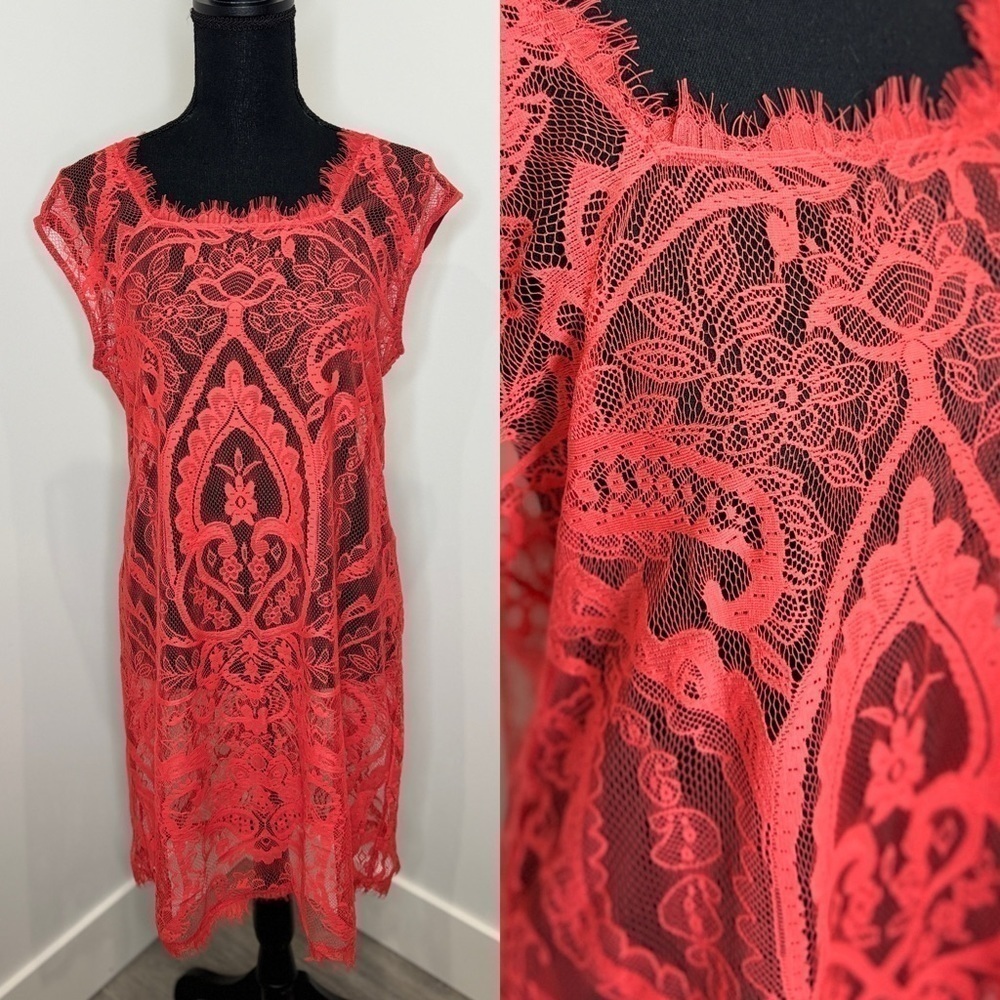 Sheer Red Lace Square Neck Midi Dress